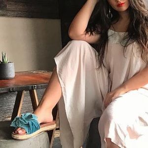 Zara Flat Sandal Platform Slides Espadrilles Blue Velvet Bow